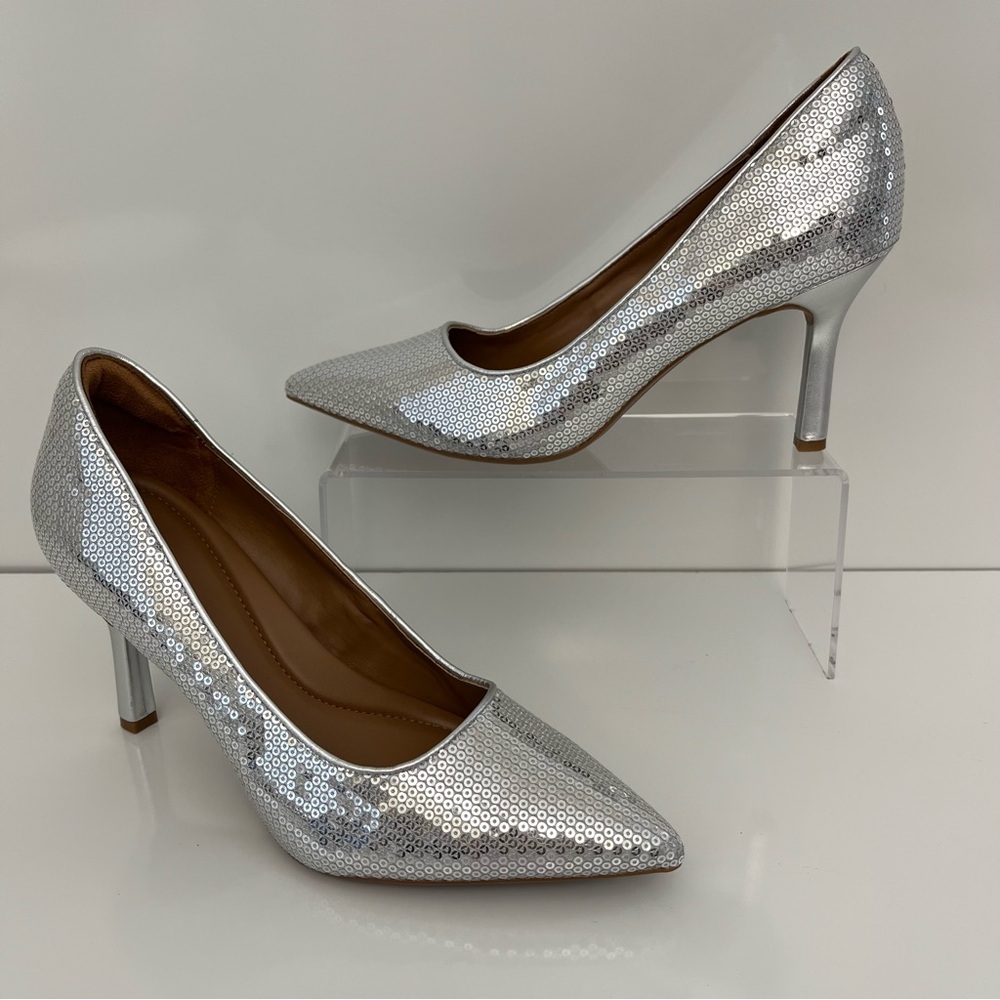 NORDSTROM Paige Pointed Toe Sequin Pump In Silver NEW - Picture 3 of 13